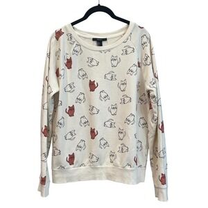 Forever 21 Cream Cat Pattern Crewneck Sweatshirt Cotton Size Large